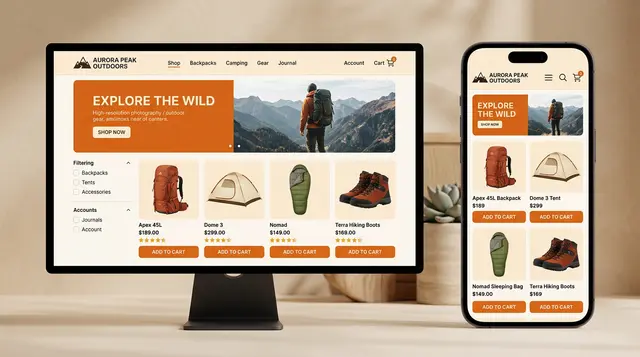 Atlas Outdoors e-commerce storefront on desktop and mobile with warm orange product photography.