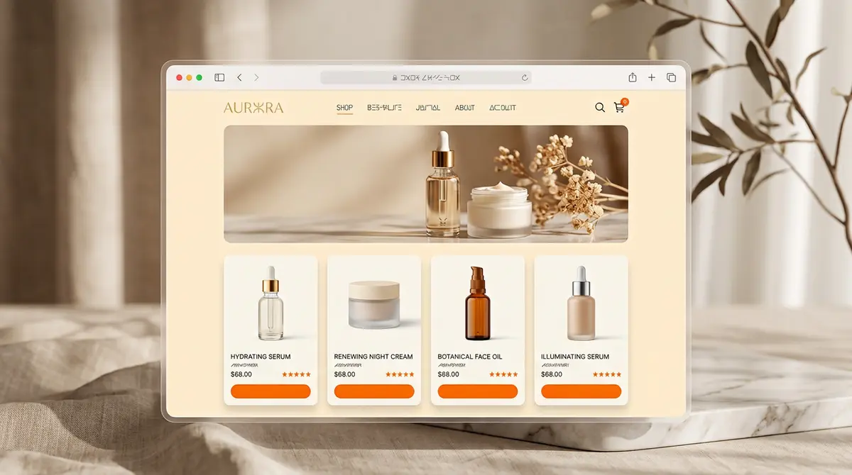 Bloom & Co. skincare e-commerce site with warm cream product cards and orange highlights.