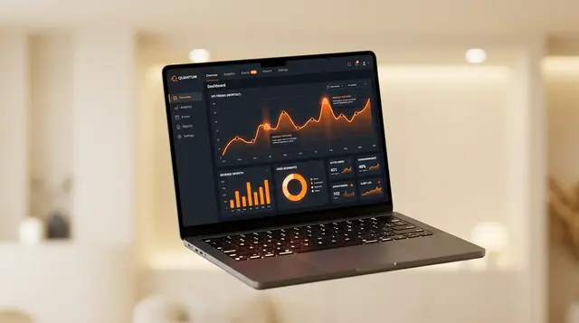 Lumen Analytics website with a dark dashboard UI and vivid orange data visualizations.