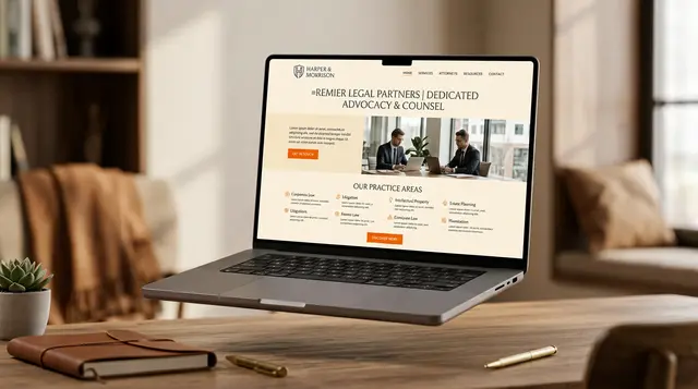 Meridian Legal website in a refined cream and ink design with orange accents, displayed on a tablet.